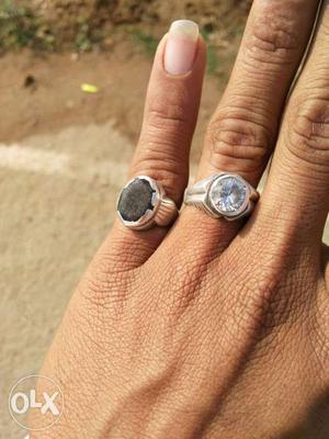 2 Silver Diamond And Grey Gemstone Cabochon Rings