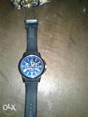 Black Leather Strap Silver Round Blue Face Chronograph Watch