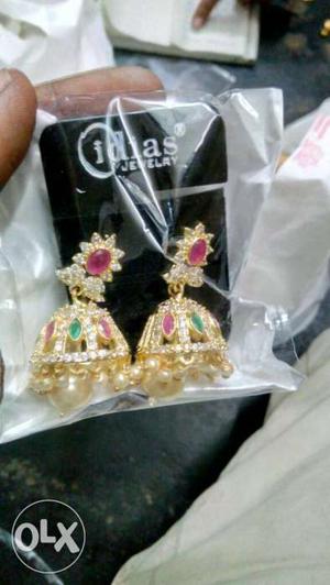 Gold And Red Beaded Jhumka Earrings