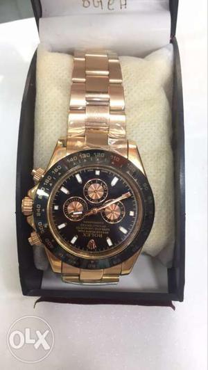 Gold Link Bracelet Black Round Chronograph Watch With Box