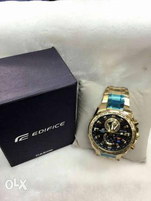 Gold Link Round Casio Edifice Chronograph Watch And Box