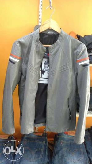 Gray Leather Zip Up Jacket