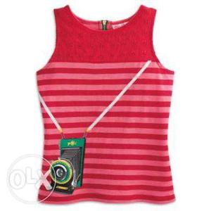 Red And Pink Back Zip Up Crew Neck Tank Top With Camera