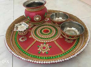 Red Green And White Beaded Decorative Plate And Bowls