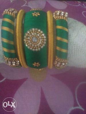 Silk thread green and yellow bangles 2.4 size
