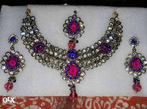 Silver With Pink Blue And Clear Crystals Bib Necklace And