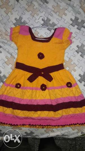 Toddler's Yellow Pink And Brown Scoop Neck Cap Sleeveless
