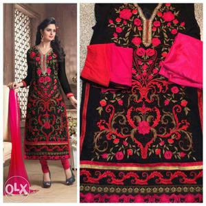 Women's Black Gold And Pink Floral Sari Outfit