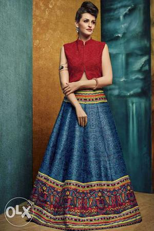 Women's Red Blue And Gold Sari Dress