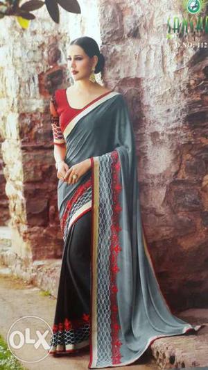 Women's Red White And Black Sari