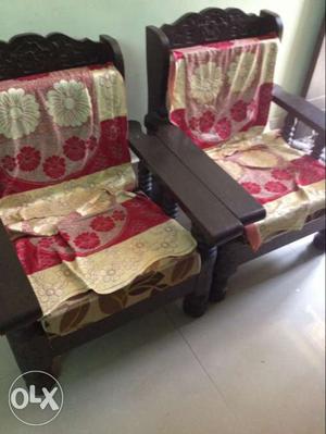 2 Brown Wooden Frame Red And Yellow Floral Padded Armchairs