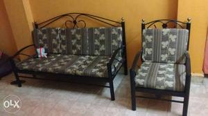 Black Metal Framed Gray And White Floral 3 Seat Sofa And