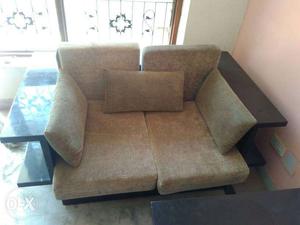 Brown Fabric Loveseat With Throw Pillows