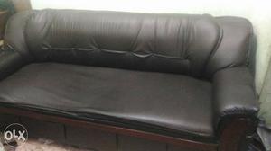 Brown Wooden Framed Black Leather Sofa