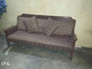 Brown Wooden Framed Purple Fabric Pad Sofa