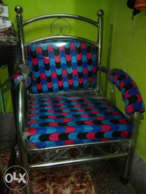 Stainless Steel Frame Red Black And Blue Padded Armchair