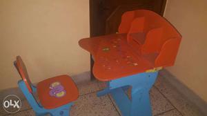 Toddler's Blue And Red Wooden Table And Chair Set
