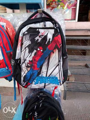Children's White And Black Spiderman Print Backpack