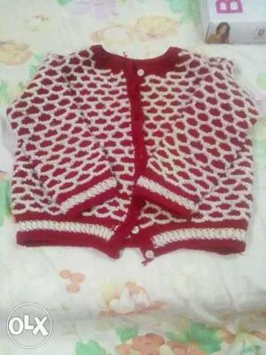 Girl's Red And White Cardigan