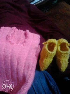 Toddler's Yellow Crochet Boots And Pink Vest