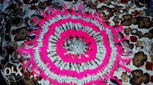 White And Pink Round Knitted Doily Hand made table