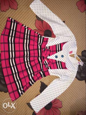 Women's White Black And Pink Plaid Long Sleeved Dress