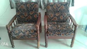 2 Brown Wooden Black And Brown Floral Padded Sofa Chairs