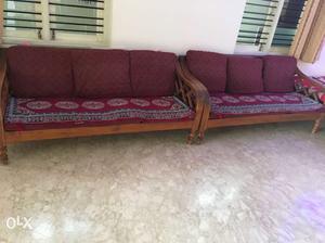 2 Brown Wooden Frame Maroon Couch