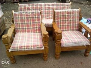 2 Brown Wooden Framed Padded Chairs