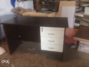Brown And White Wooden Single Pedestal Desk With Drawers
