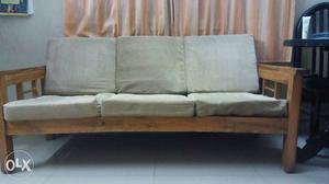 Brown Wooden Framed Beige Suede 3 Seat Sofa