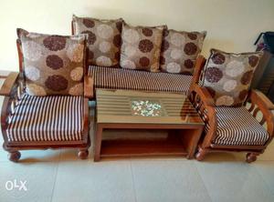 Brown Wooden Padded Armchairs And Couch Set