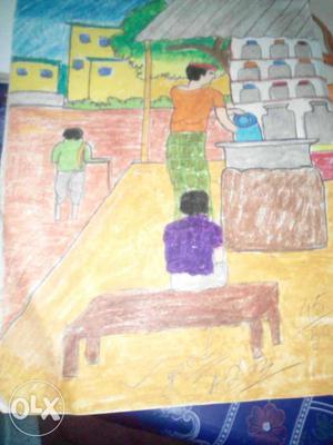 Color Sketch Of Person In Purple Shirt Sitting On Brown