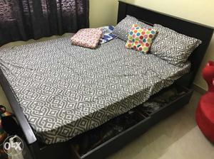 Dark Brown Wooden Bed Frame With Drawer And Bedding Set