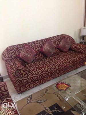 Red And Brown Fabric Sofa With 3 Throw Pillows