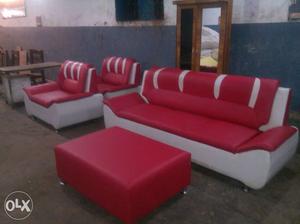 White And Red Couch With 2 Armchairs And Ottoman