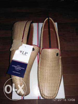 Beige Leather Slip On Shoes