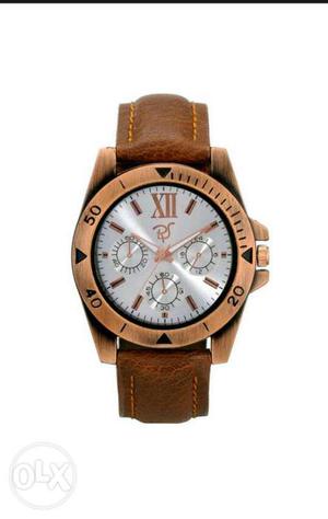 Brown Leather Strap Gray Face Round Chronograph Watch