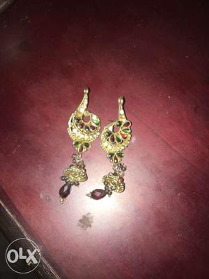 Gold Framed Rhinestone Beaded Drop Earrings