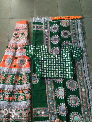 Green And Orange Floral Sari Set