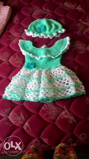 Green And White Crochet frock And Cap