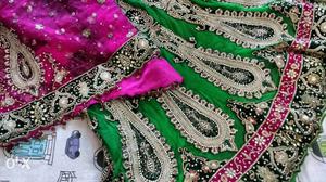 Pink and green bridal lehenga one time used