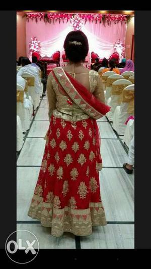 Red And Beige Floral full Sleeves lehenga blouse with