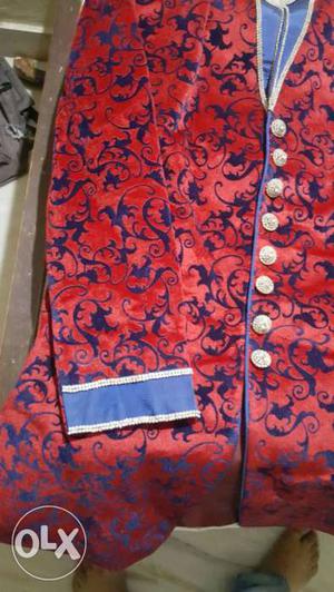 Red And Blue Floral Long Sleeve welwet sherwani