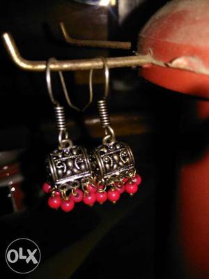 Silver And Red Drop Earrings