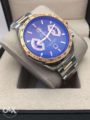 Silver Linked Bracelet Gold Round Blue Chronograph Watch