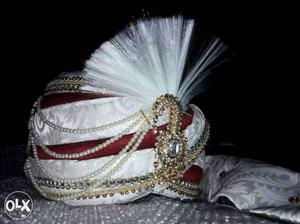 White pearl And gold work Beaded paghdi.