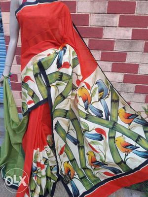Women's Red Black Green Blue And Yellow Birds And Bamboo