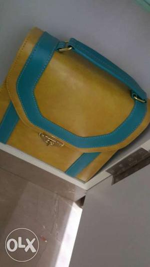Yellow And Blue Leather Satchel Bag