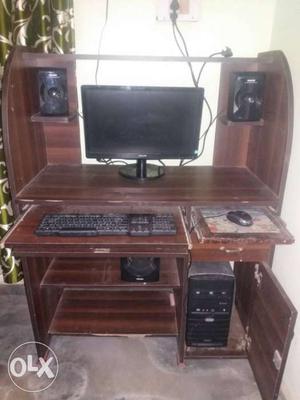 Black Computer Set And Brown Wooden Computer Desk
